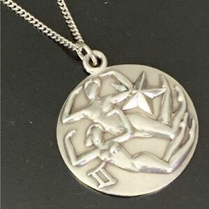 Vintage 1950s Margot De Taxco Zodiac Sterling Silver Gemini Pendant Necklace 24”